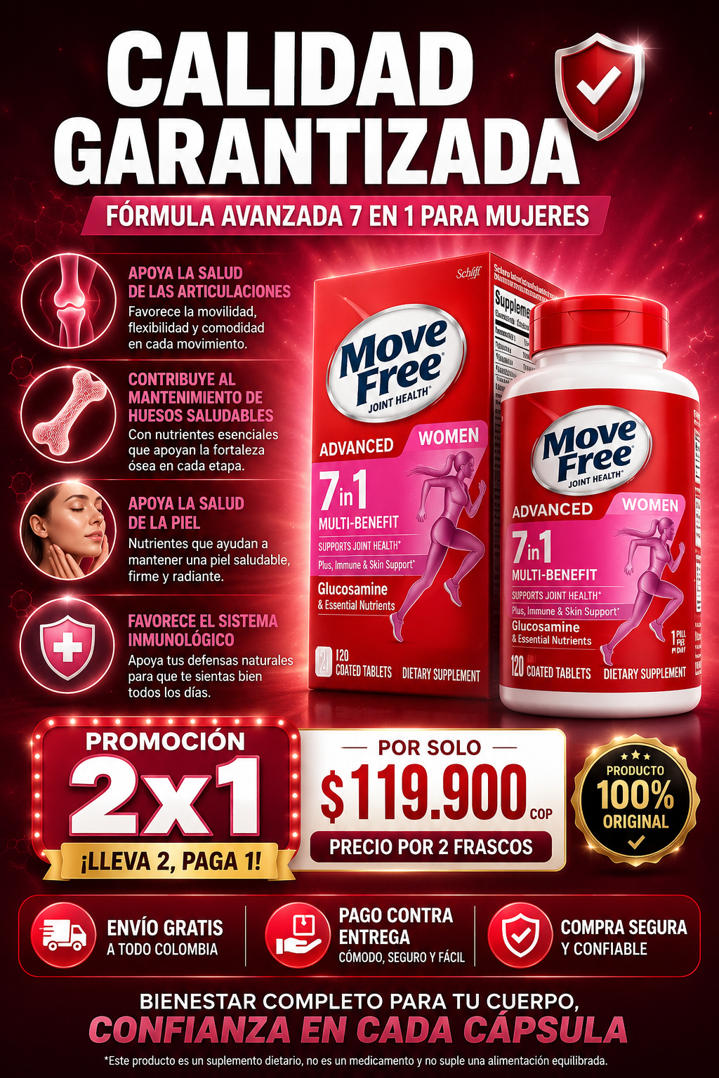 Move Free Advanced Women™️ – Fórmula Avanzada 7 en 1 para Articulaciones, Huesos, Piel e Inmunidad Femenina